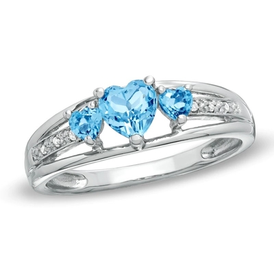 Topacio azul en forma de corazón y oro blanco de piedra del anillo 10K de la promesa del acento tres de la CZ