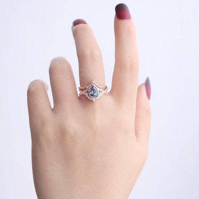 Sistema del anillo de compromiso del Alexandrite del oro de Rose del anillo de bodas del vintage de la forma de 925 Sterling Silver Pear