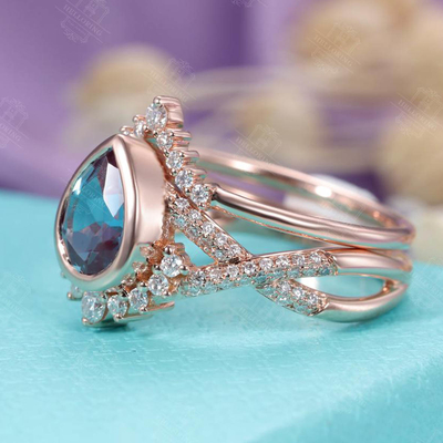 Sistema del anillo de compromiso del Alexandrite del oro de Rose del anillo de bodas del vintage de la forma de 925 Sterling Silver Pear