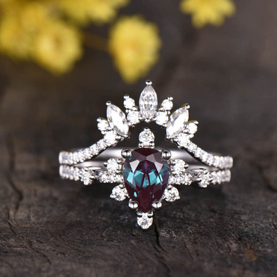 Sistema del anillo de compromiso del Alexandrite del oro de Rose del anillo de bodas del vintage de la forma de 925 Sterling Silver Pear