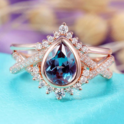 Sistema del anillo de compromiso del Alexandrite del oro de Rose del anillo de bodas del vintage de la forma de 925 Sterling Silver Pear
