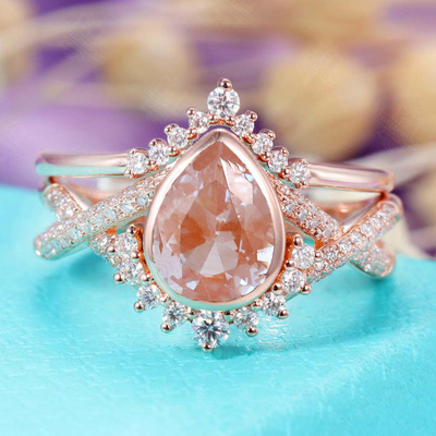Sistema del anillo de compromiso del Alexandrite del oro de Rose del anillo de bodas del vintage de la forma de 925 Sterling Silver Pear