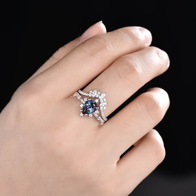anillos de la alianza de boda de Ring Set Tear Drop Alexandrite de la joyería del oro blanco 14K