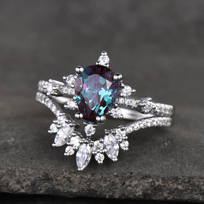 anillos de la alianza de boda de Ring Set Tear Drop Alexandrite de la joyería del oro blanco 14K