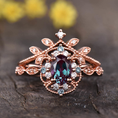 anillos de la alianza de boda de Ring Set Tear Drop Alexandrite de la joyería del oro blanco 14K