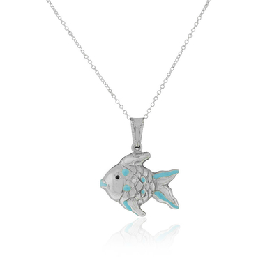 925 pescados blancos azules del esmalte de Sterling Silver 3D encantan el collar pendiente