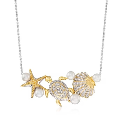 perla cultivada 4-5.5m m y .14 ct. t.w. Diamond Sea Life Necklace en Sterling Silver y el oro 18kt sobre Sterling Details