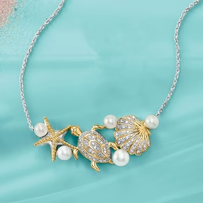 perla cultivada 4-5.5m m y .14 ct. t.w. Diamond Sea Life Necklace en Sterling Silver y el oro 18kt sobre Sterling Details