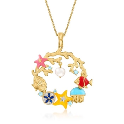 perla cultivada 4-5.5m m y .14 ct. t.w. Diamond Sea Life Necklace en Sterling Silver y el oro 18kt sobre Sterling Details