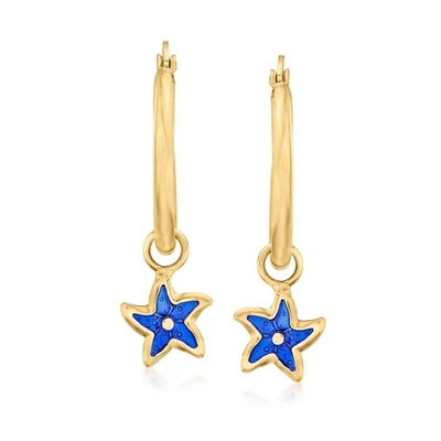 Pendientes azules italianos del aro de las estrellas de mar del esmalte en el oro amarillo 14kt. 1 1/4
