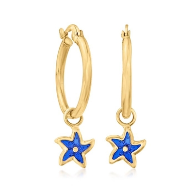 Pendientes azules italianos del aro de las estrellas de mar del esmalte en el oro amarillo 14kt. 1 1/4