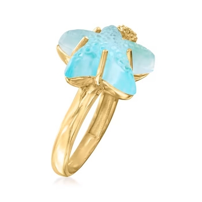 Anillo de cristal veneciano azul de las estrellas de mar de Tagliamonte 16m m del italiano en el oro 18kt sobre Sterling