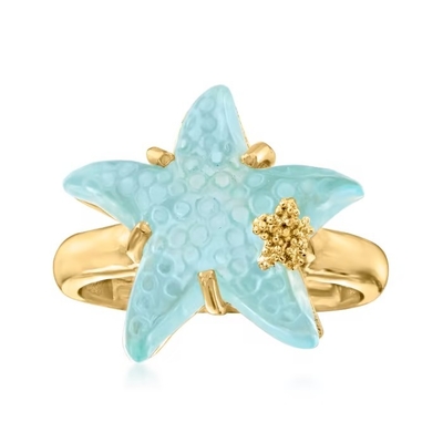 Anillo de cristal veneciano azul de las estrellas de mar de Tagliamonte 16m m del italiano en el oro 18kt sobre Sterling