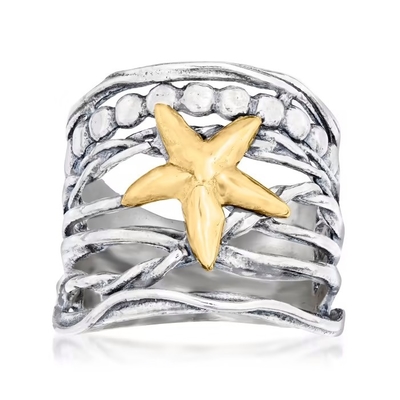 Anillo de cristal veneciano azul de las estrellas de mar de Tagliamonte 16m m del italiano en el oro 18kt sobre Sterling