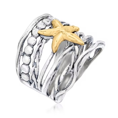 Anillo de cristal veneciano azul de las estrellas de mar de Tagliamonte 16m m del italiano en el oro 18kt sobre Sterling
