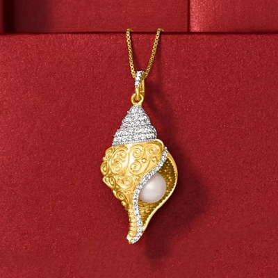 Pearl White criada 6m m Topaz Seashell Pendant Necklace en el oro 18kt sobre Sterling