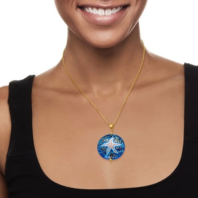 Colgante de cristal de las estrellas de mar de Murano del italiano en el oro 18kt sobre Sterling