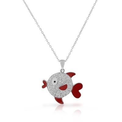 Collar claro blanco 925 Sterling Silver del colgante de los pescados de la CZ del esmalte rojo de la vida marina