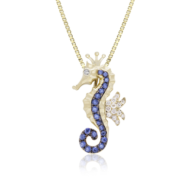 Oro amarillo Sapphire Seahorse Pendant Necklace azul, joyería de la vida marina del estilo del océano