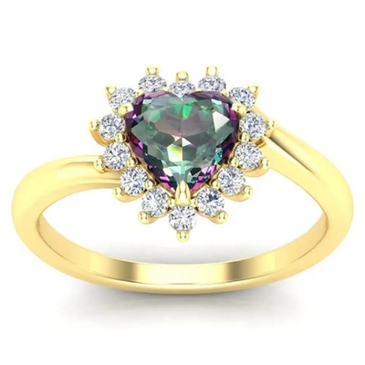 anillos de compromiso místicos de la piedra preciosa del halo de 14K Rose Gold Plated Heart Cut Topaz White CZ
