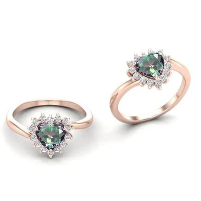anillos de compromiso místicos de la piedra preciosa del halo de 14K Rose Gold Plated Heart Cut Topaz White CZ