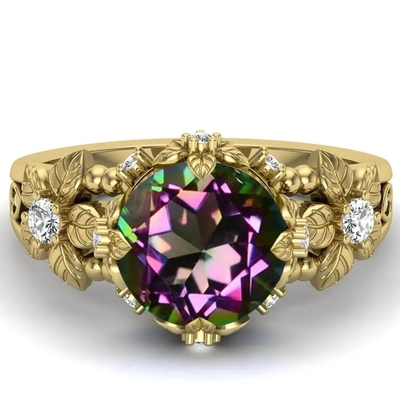 14K Sterling Silver Vintage Art Round plateado oro cortó a Topaz Gemstone Engagement Rings blanco místico