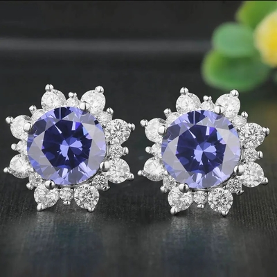 el óvalo del halo de la CZ de la joyería del oro amarillo 14K cortó los pendientes clásicos de Tanzanite del perno prisionero de las mujeres verdes superiores de los pendientes