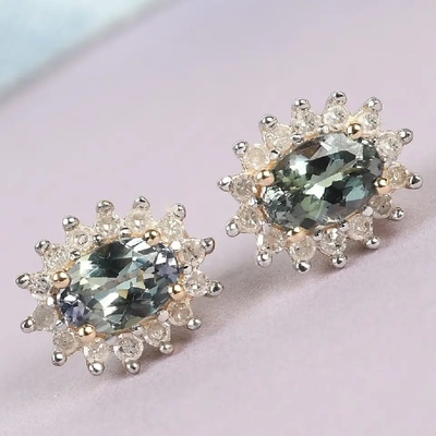 el óvalo del halo de la CZ de la joyería del oro amarillo 14K cortó los pendientes clásicos de Tanzanite del perno prisionero de las mujeres verdes superiores de los pendientes