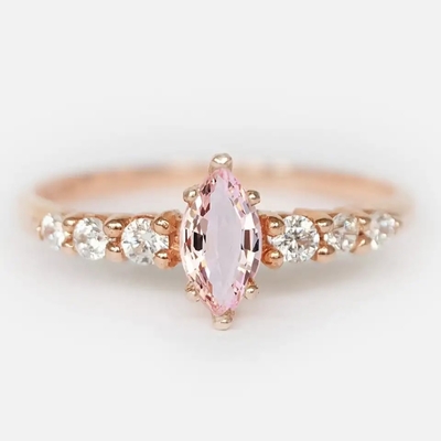Anillo minimalista de la joyería de las mujeres de la plata de Marquise Cut Pink Morganite S925 del diseño del compromiso