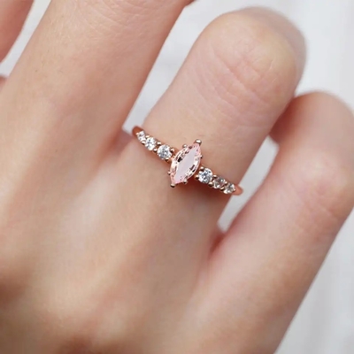 Anillo minimalista de la joyería de las mujeres de la plata de Marquise Cut Pink Morganite S925 del diseño del compromiso