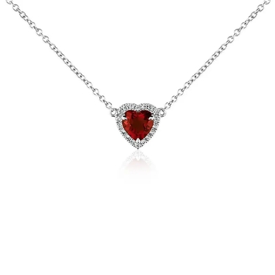 14K oro blanco Garnet Pendant Necklace en forma de corazón, Sapphire Chain Necklace menuda