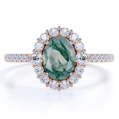 Anillo natural de la fábrica del diseño de Moss Agate Rings Top Quality de la joyería blanca única de S925 Rose Gold Plated Round Cut CZ