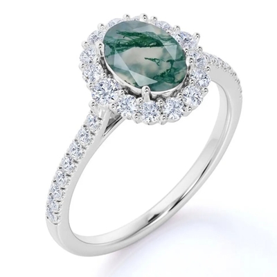 Anillo natural de la fábrica del diseño de Moss Agate Rings Top Quality de la joyería blanca única de S925 Rose Gold Plated Round Cut CZ