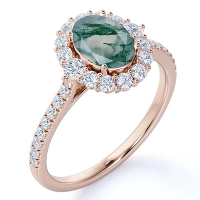 Anillo natural de la fábrica del diseño de Moss Agate Rings Top Quality de la joyería blanca única de S925 Rose Gold Plated Round Cut CZ