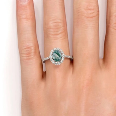 Anillo natural de la fábrica del diseño de Moss Agate Rings Top Quality de la joyería blanca única de S925 Rose Gold Plated Round Cut CZ