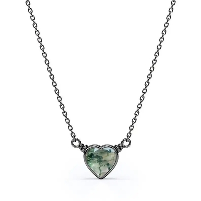 925 luz natural simple de plata Moss Agate Necklace For Sale en forma de corazón verde elegante brillante