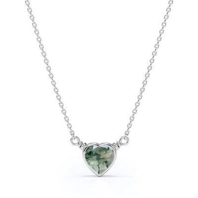 925 luz natural simple de plata Moss Agate Necklace For Sale en forma de corazón verde elegante brillante