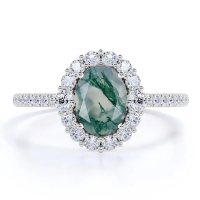 Anillo natural de la fábrica del diseño de Moss Agate Rings Top Quality de la joyería blanca única de S925 Rose Gold Plated Round Cut CZ