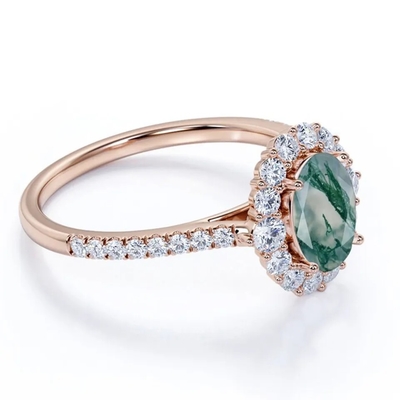Anillo natural de la fábrica del diseño de Moss Agate Rings Top Quality de la joyería blanca única de S925 Rose Gold Plated Round Cut CZ