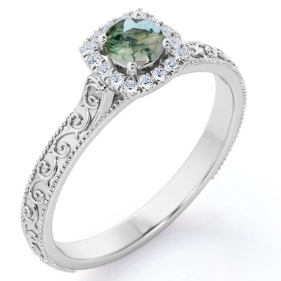 Joyería verde azul del vintage S925 Moss Agate Ring 14K Rose Gold Plated White CZ