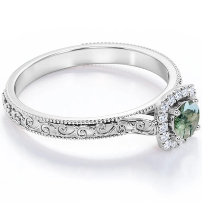 Joyería verde azul del vintage S925 Moss Agate Ring 14K Rose Gold Plated White CZ