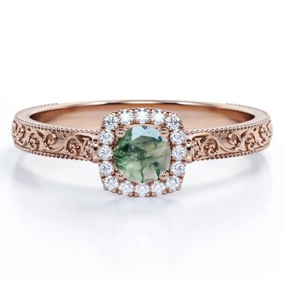 Joyería verde azul del vintage S925 Moss Agate Ring 14K Rose Gold Plated White CZ