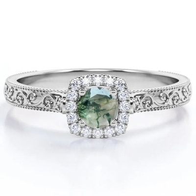 Joyería verde azul del vintage S925 Moss Agate Ring 14K Rose Gold Plated White CZ
