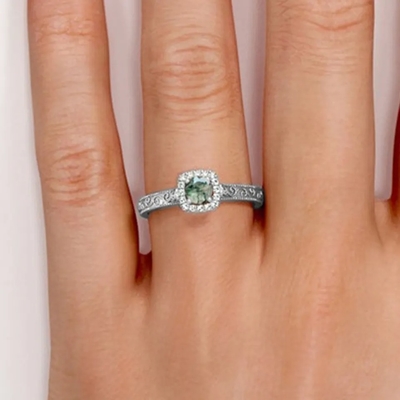 Joyería verde azul del vintage S925 Moss Agate Ring 14K Rose Gold Plated White CZ