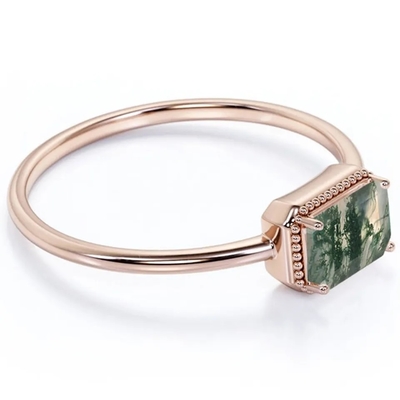 Joyería verde de la fábrica de la calidad de Moss Agate Raw Ring Fine de la joyería del vintage S925 Sterling Silver Rose Gold Plated