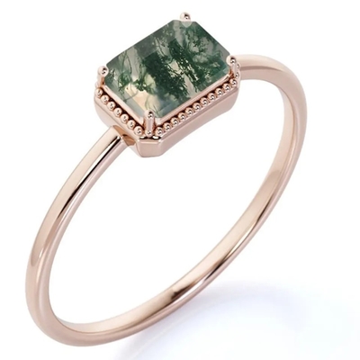 Joyería verde de la fábrica de la calidad de Moss Agate Raw Ring Fine de la joyería del vintage S925 Sterling Silver Rose Gold Plated