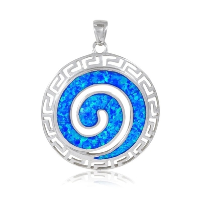 Espiral Crystal Pendant de 925 Sterling Silver Hawaiian Blue Fire Opal Greek Key Meander Meandros