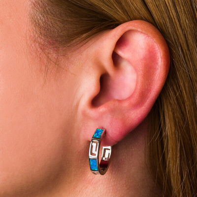 925 con el azul dominante de Sterling Silver Greek   Vintage Sterling Opal Ring Hoop Earrings del meandro