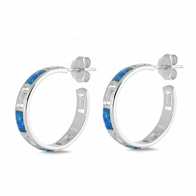 925 con el azul dominante de Sterling Silver Greek   Vintage Sterling Opal Ring Hoop Earrings del meandro