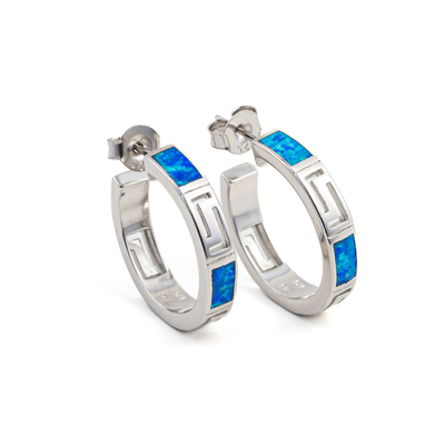 925 con el azul dominante de Sterling Silver Greek   Vintage Sterling Opal Ring Hoop Earrings del meandro